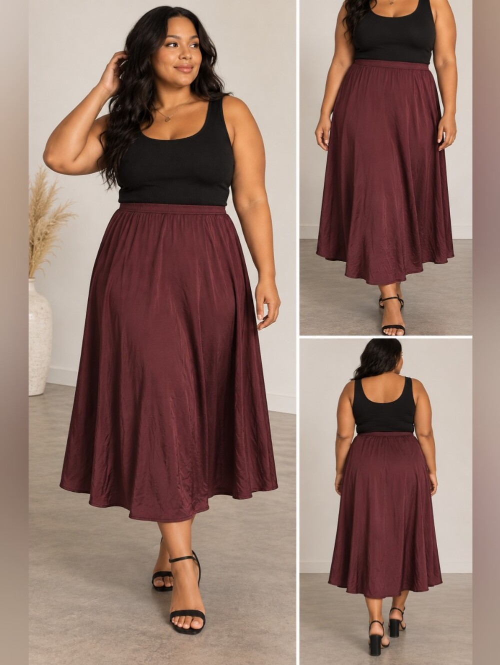 George Plus 1X Burgundy Satin Maxi Skirt | Elastic Waist | Flowy A-Line